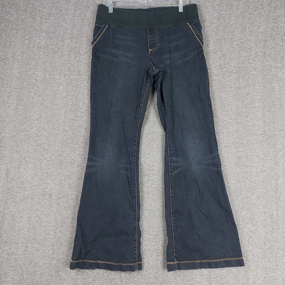 GAP MATERNITY WOMENS BLUE JEAN DARK WASH LOW BELLY BAND FLARE DENIM PANTS 10R